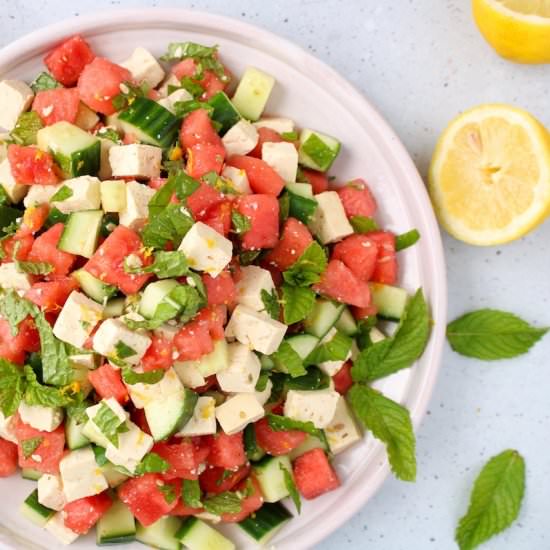 Watermelon salad with tofu-feta - Recipe photo by plantbasedjess