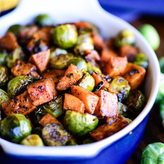 Roasted Sweet Potatoes & Brussels - Recipe photo by dudethatcookz