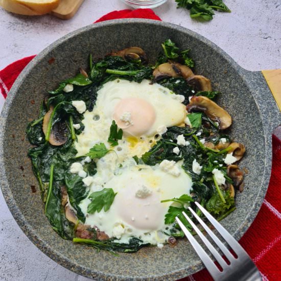 Eggs Fried in Mushrooms and Greens - Recipe photo by RominasLittleCorner
