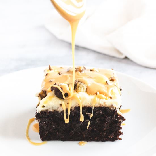 Salted Caramel Poke Cake - Recipe photo by CrumbsCorkscrews