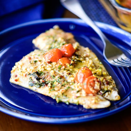Flounder with Tomatoes and Basil - Recipe photo by dudethatcookz