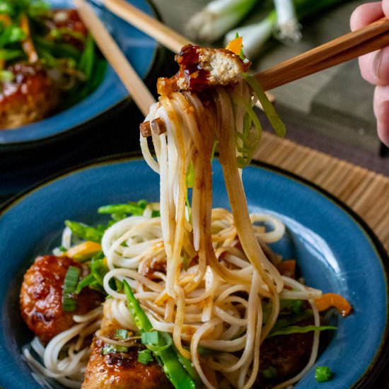 Spicy Chicken Meatball Rice Noodle - Recipe photo by whattheforksfordinner