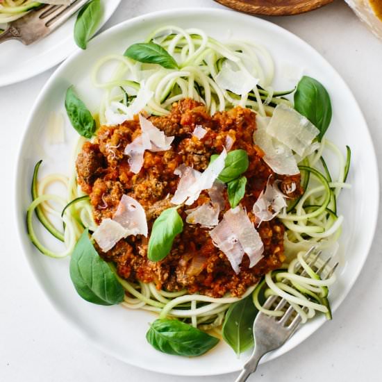 Zucchini Noodle Spaghetti Bolognese - Recipe photo by Downshiftology