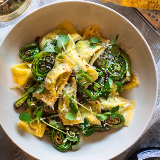 Ricotta Agnolotti with Fiddleheads - Recipe photo by rhubarbandcod