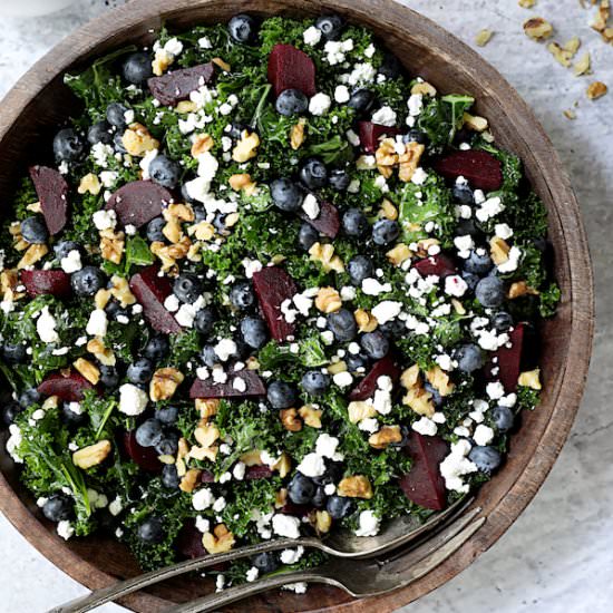 Massaged Kale Beet Blueberry Salad - Recipe photo by fromachefskitchen