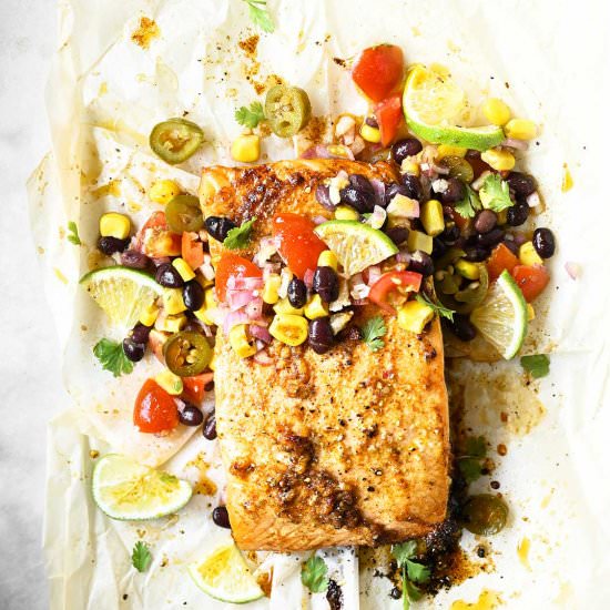 Roasted salmon with crunchy salsa - Recipe photo by servingdumplings