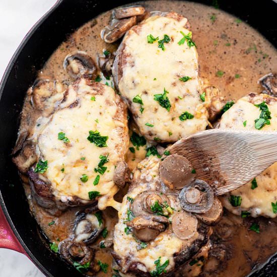 EASY CHEESY ONE SKILLET PORK CHOPS - Recipe photo by Whisk in Wellness