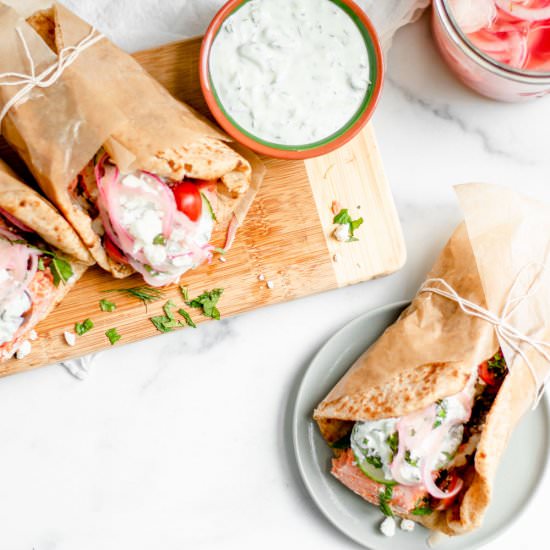 Greek Style Salmon Gyros - Recipe photo by Sarah Gold Nutrition