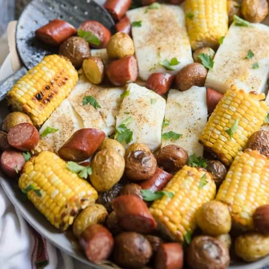 Halibut & Sausage Sheet Pan Dinner - Recipe photo by Howe We Live