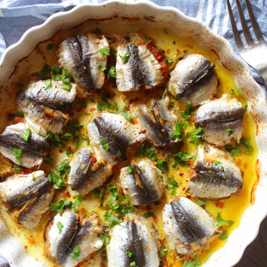 Mediterranean Baked Stuffed Sardines - Recipe photo by Sylia from 30 Days of Greek Food
