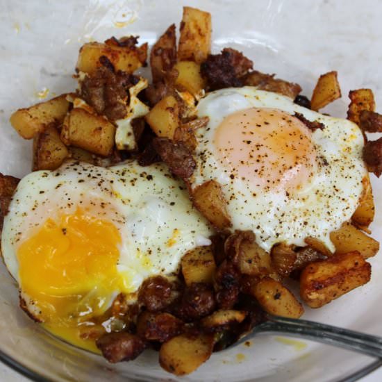 Easy Sausage & Spicy Potato Hash - Recipe photo by HappyStirring