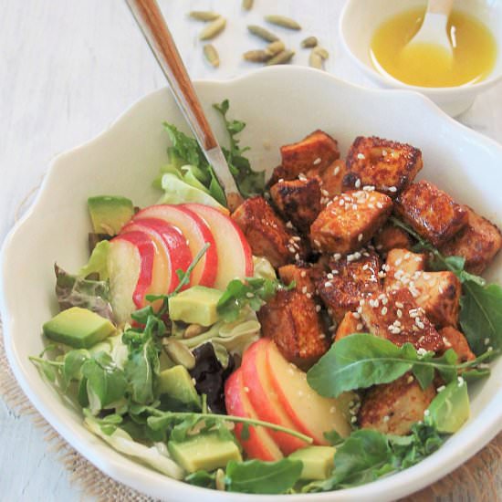 Gochujang Tofu with Peach & Arugula - Recipe photo by Inspired Edibles