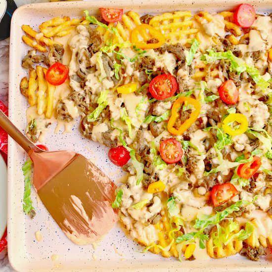 Beer Cheesesteak Waffle Nachos - Recipe photo by Theyummymuffin