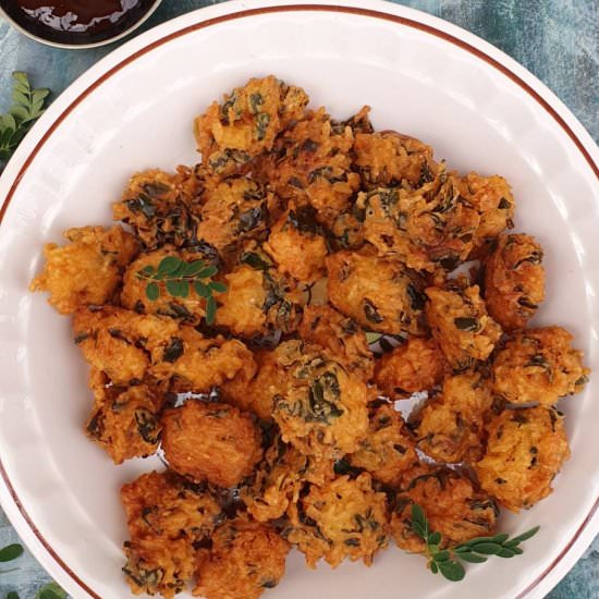 Leftover rice and moringa pakora - Recipe photo by Mildlyindian