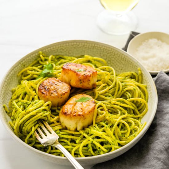 Pan Seared Scallops w/ Pesto Pasta - Recipe photo by garlic and zest