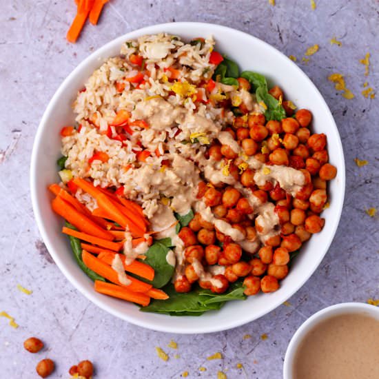 Buffalo Chickpeas and Rice Bowls - Recipe photo by veganwithgusto