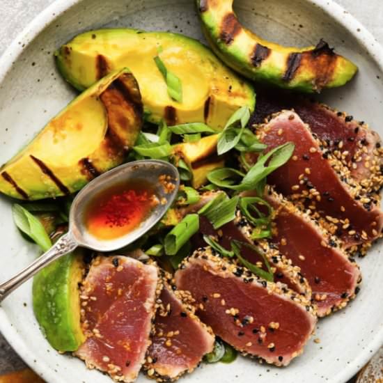 Ahi with Grilled Avocados - Recipe photo by lindseyeatsla
