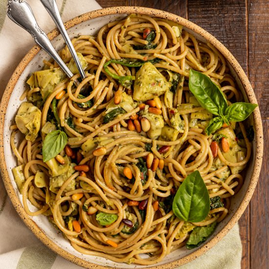 Vegan Spinach Artichoke Pasta - Recipe photo by ShortGirlTallOrder