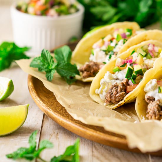 Greek Lamb Tacos & Cucumber Salsa - Recipe photo by Burrata and Bubbles