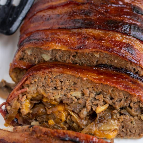 Bacon Wrapped BBQ Stuffed Meatloaf - Recipe photo by winealittlecookalot