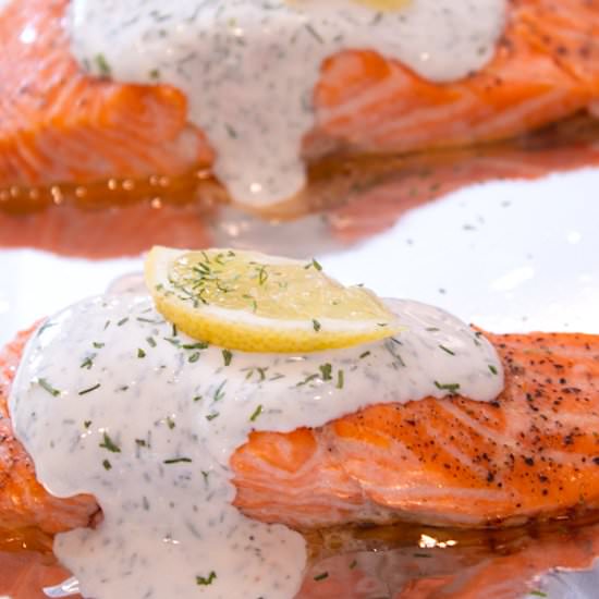 Baked Salmon with Lemon Dill Sauce - Recipe photo by laughingspatula.com