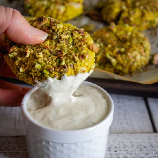 Pistachio Patties Garlic Dill Sauce - Recipe photo by cashews_and_quinoa