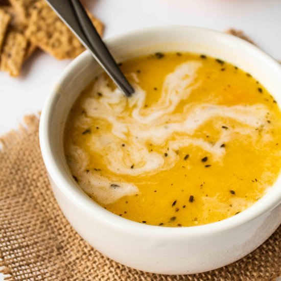 Easy Pumpkin Soup GF+DF option - Recipe photo by OffTheWheatenPath