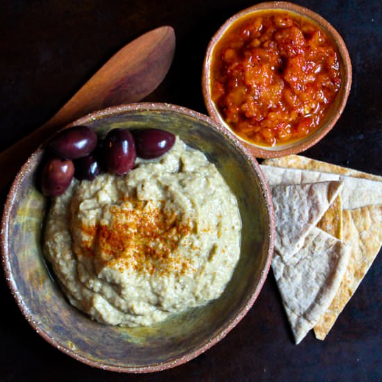 Baba Ganoush with Red Pepper Coulis - Recipe photo by vegancabinlife