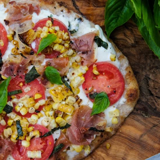 Burrata, Corn & Prosciutto Pizza - Recipe photo by Everyday Gourmet with Blakely