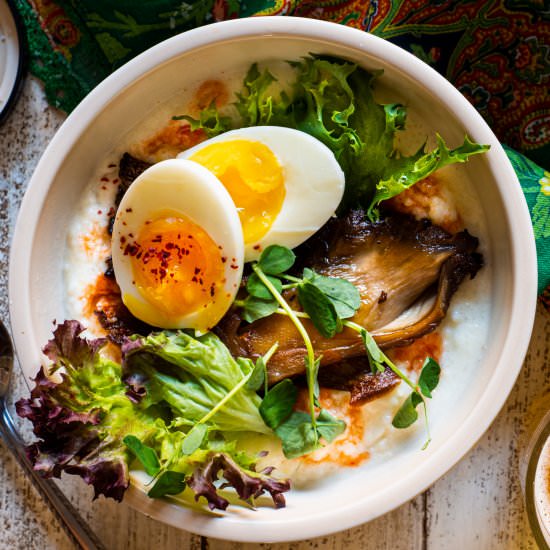 Cheesy Grits with Oyster Mushrooms - Recipe photo by rhubarbandcod