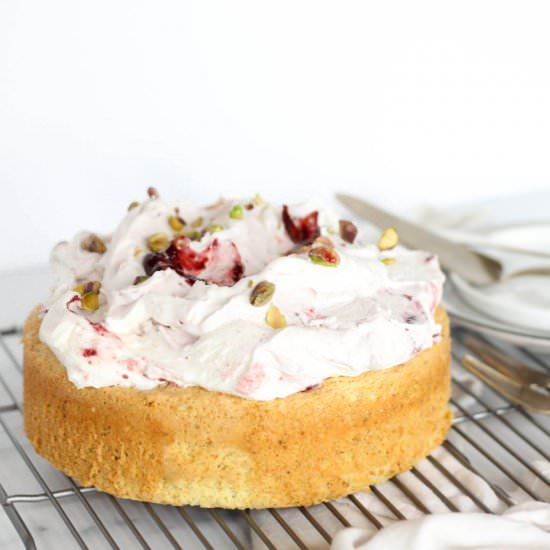 Pistachio Cake With Cherry Cream - Recipe photo by DoughEyedBlog