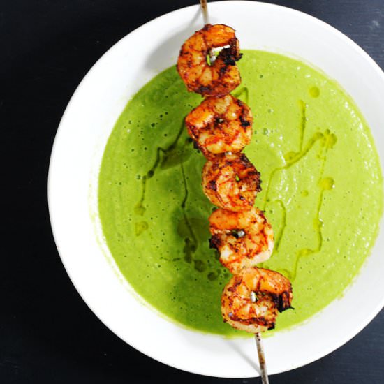 Green gazpacho with grilled shrimp - Recipe photo by white plate blank slate