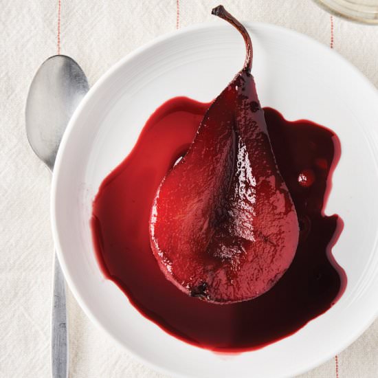 Red Wine-Poached Pears - Recipe photo by TheFrayedApron