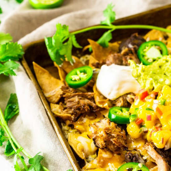 Sheet Pan Jerk Pork Nachos - Recipe photo by Burrata and Bubbles