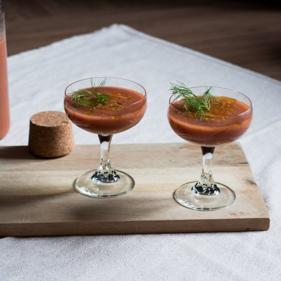 Strawberry Tomato Fennel Gazpacho - Recipe photo by cocos green deli