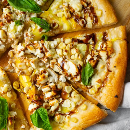 Corn, Squash and Goat Cheese Pizza - Recipe photo by JawnsICooked