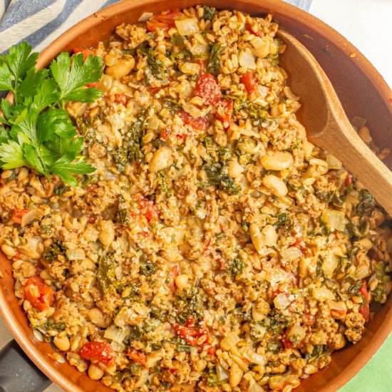 Turkey sausage farro + kale skillet - Recipe photo by Family Food on the Table
