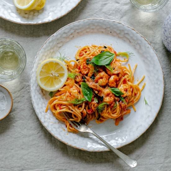 Prawn and fennel spaghetti (FODMAP) - Recipe photo by Shecanteatwhat