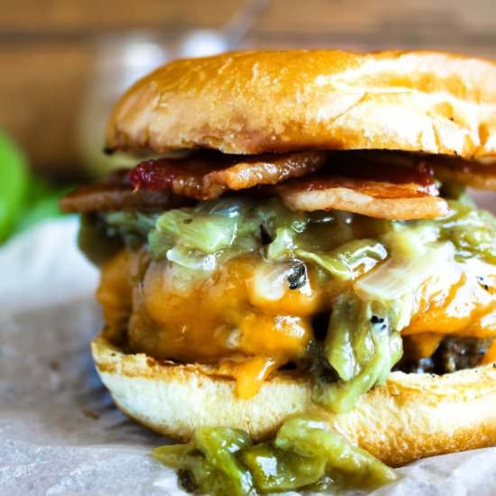 Bacon Hatch Chile Burgers - Recipe photo by taoofspice