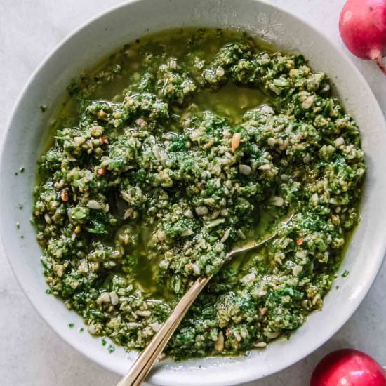 Radish Greens Pesto Sauce - Recipe photo by forkintheroad