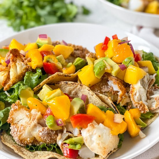 Crispy Fish Tacos with Mango Salsa - Recipe photo by Real Food with Sarah