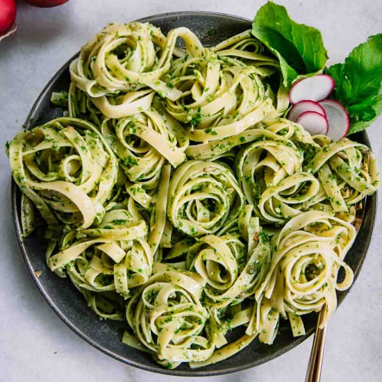 Radish Greens Pesto Pasta - Recipe photo by forkintheroad