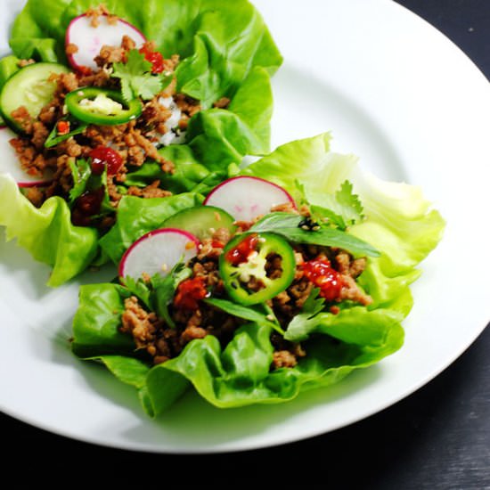 Asian chicken lettuce wraps - Recipe photo by white plate blank slate