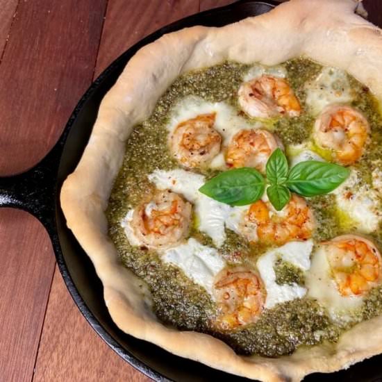 Cast Iron Shrimp Pizza with Pesto - Recipe photo by Maplewoodroad.com