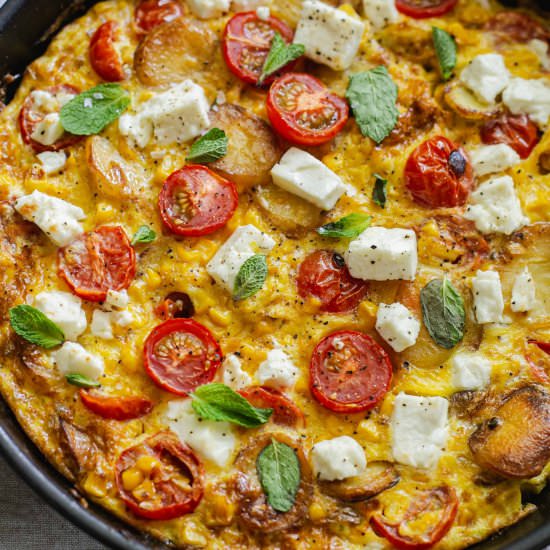 Sweetcorn, tomato and feta frittata - Recipe photo by Shecanteatwhat