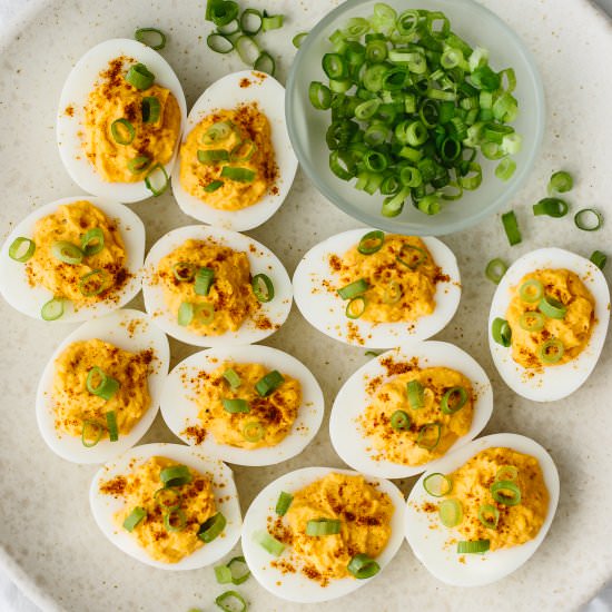 Spicy Deviled Eggs - Recipe photo by Downshiftology