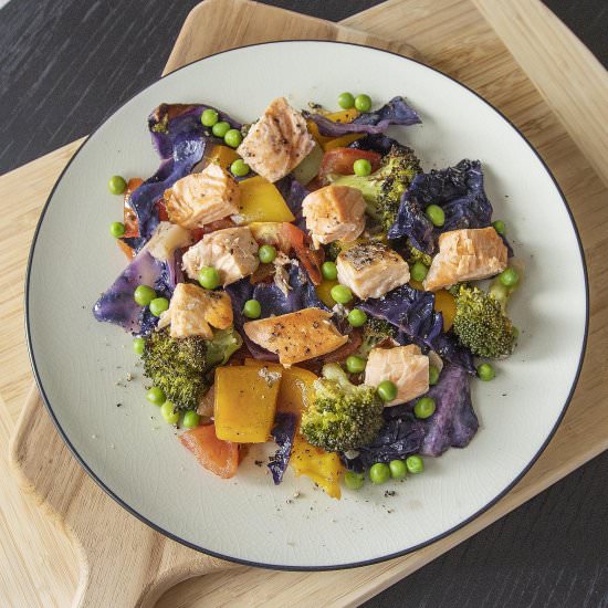 Colorful roasted veggies and salmon - Recipe photo by foodmakesmehappy
