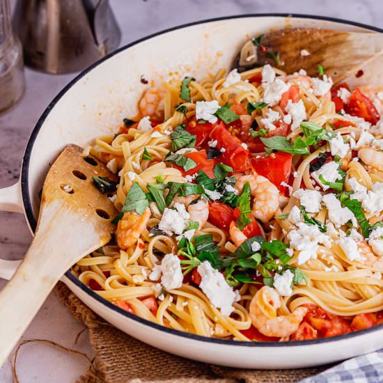 Prawn Linguini with Tomatoes & Feta - Recipe photo by TheCookReport