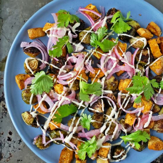 Roasted Sweet Potatoes & Brussels - Recipe photo by mangotomato