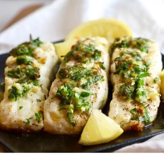 Broiled Halibut with Gremolata - Recipe photo by Grits and Pinecones